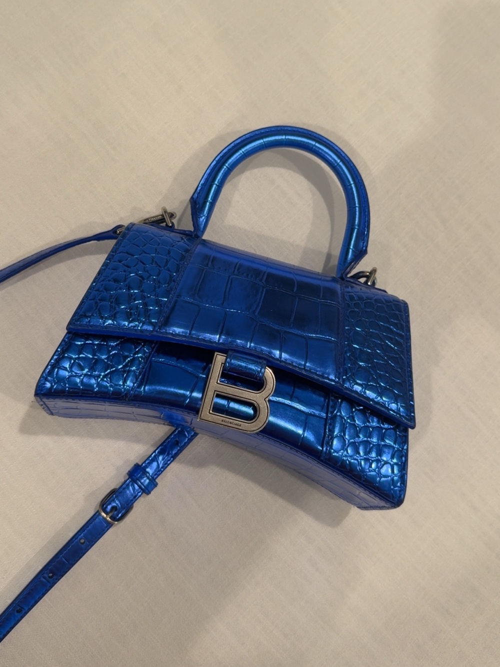 Balenciaga authentic 
Blue Metallic Calfskin Croc Embossed Hourglass XS satchel